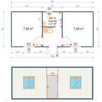 Grundriss und front des 3 x 7 m doppelbüro containers mit wc und kaffeeplatz