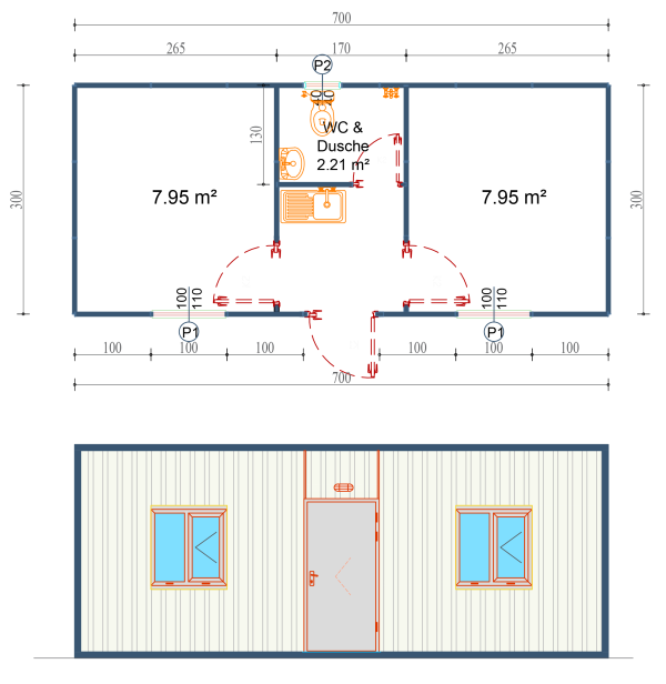 Grundriss und front des 3 x 7 m doppelbüro containers mit wc und kaffeeplatz